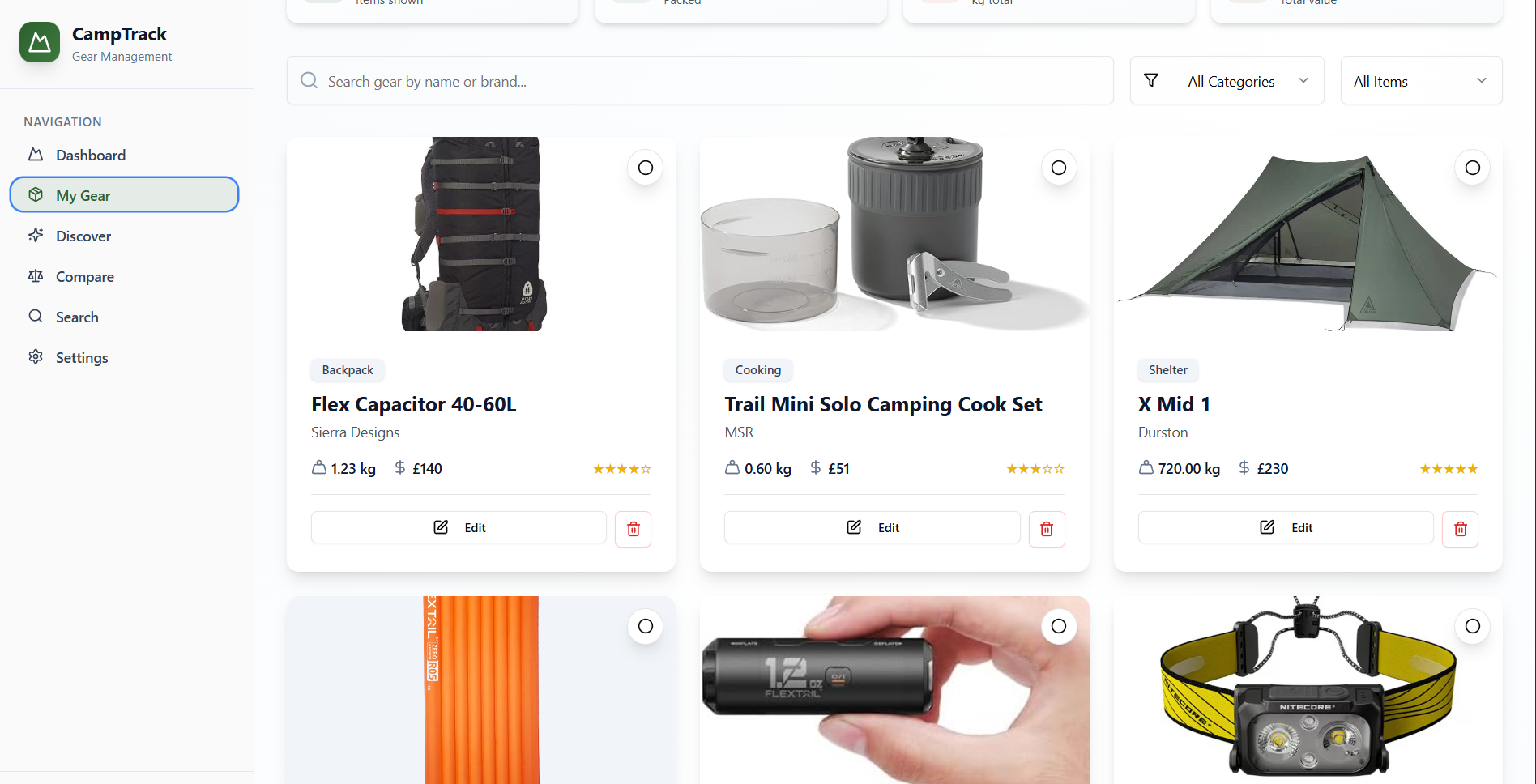 CampTrack interface preview